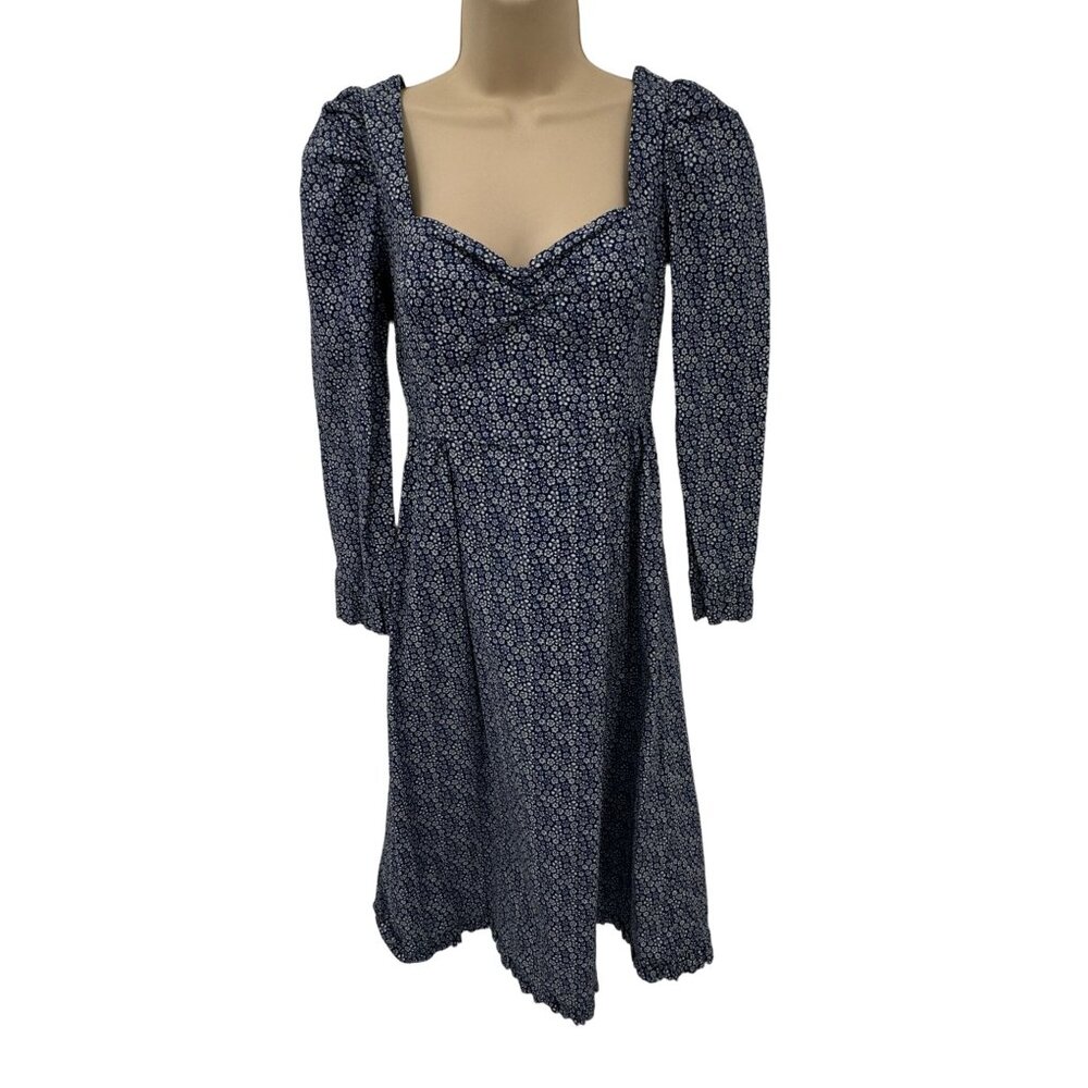 Wilfred Dress‎ Womens 0 Blue White Floral Cotton Smocked Waist Zip Back Ruffle